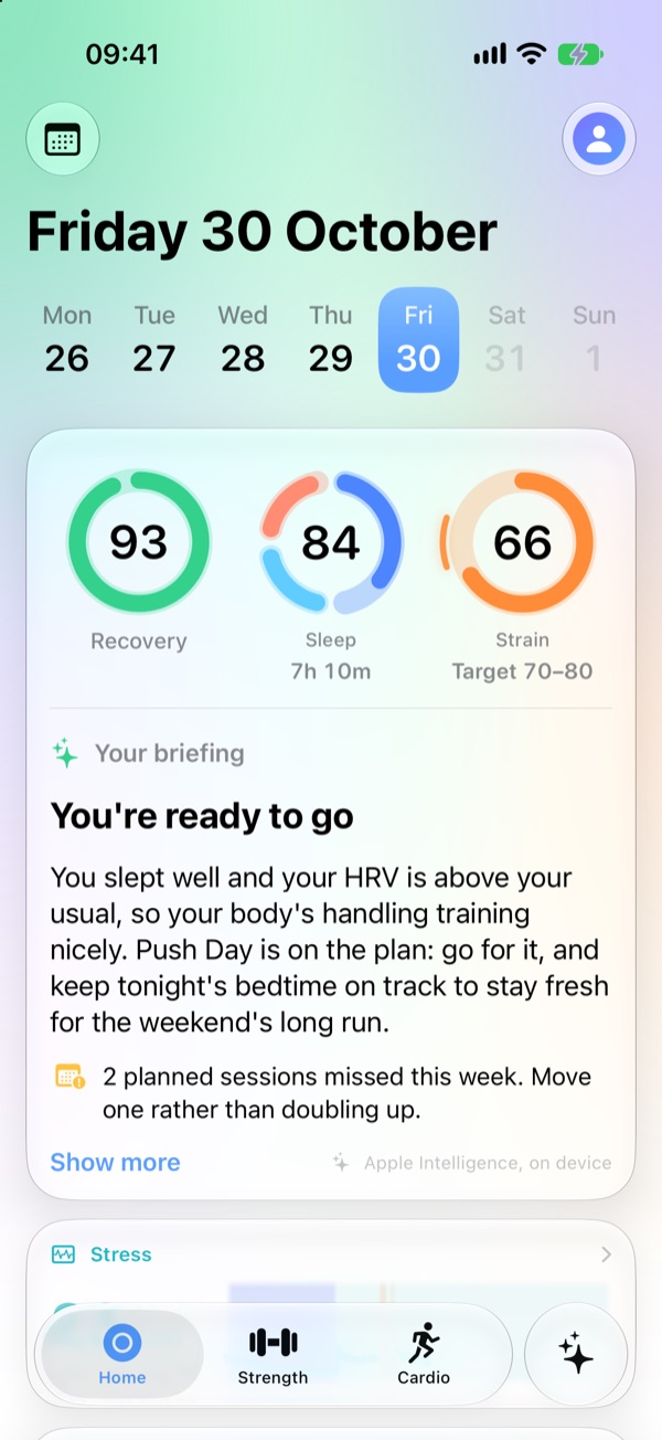 Edgely's Home screen: Recovery 93, Sleep 84 and Strain 66 of a 70 to 80 target, with the morning briefing beneath.